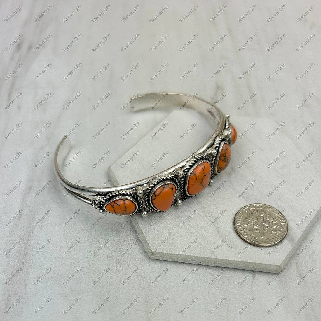 Navajo Style Orange Turquoise Stone Silver Metal Bangle Bracelet