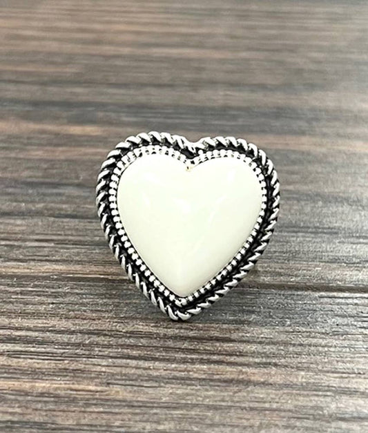 Boho Southwestern Heart White Turquoise Adjustable Statement Cuff Ring for All Sizes