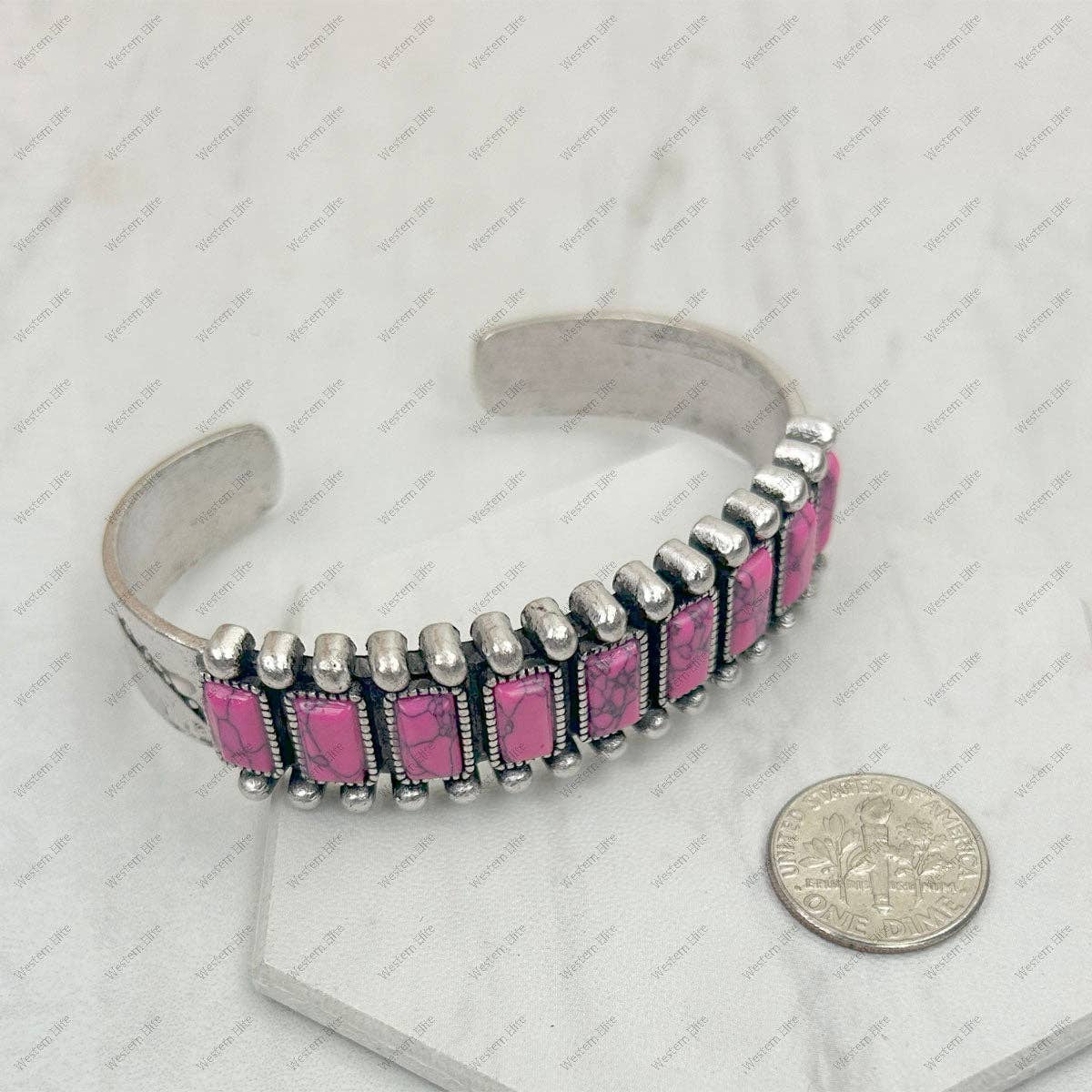 Handcrafted Boho Hot Pink Turquoise Stone Silver Metal Bangle Bracelet