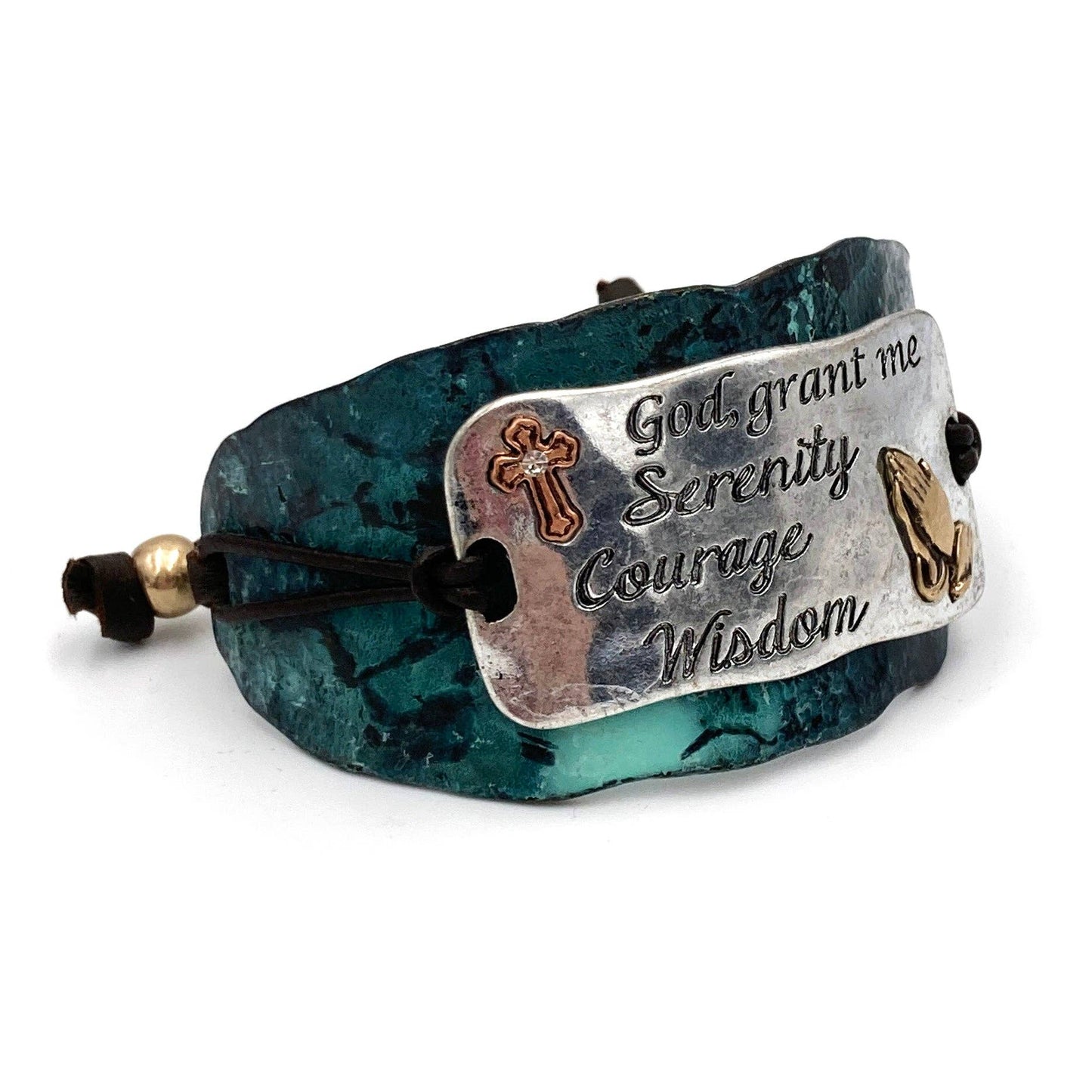 Serenity Prayer Bracelet Cuff in Patina with Copper Cross and Gold Praying Gesture on Silver Plate Leather Adjustable