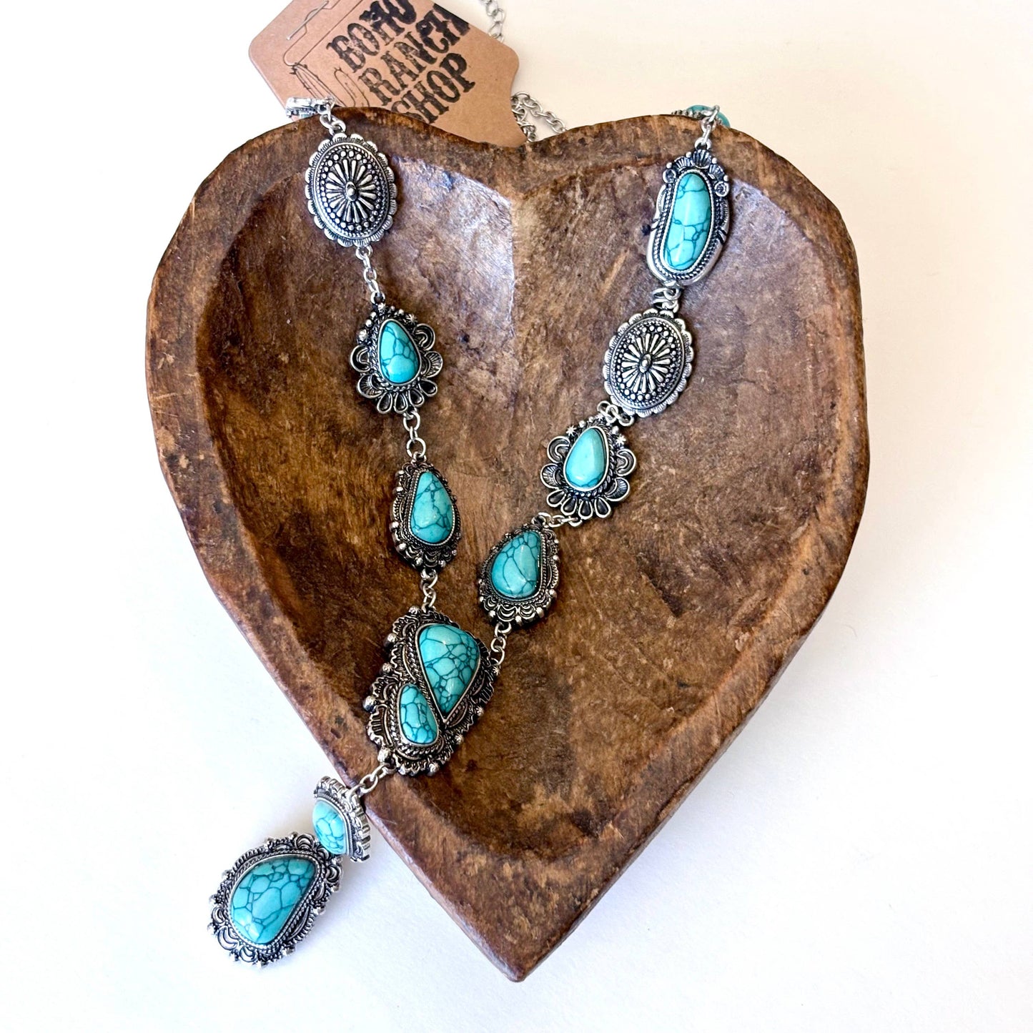 Turquoise Stone Western Concho Y Drop Necklace with Brushed Silver Accents