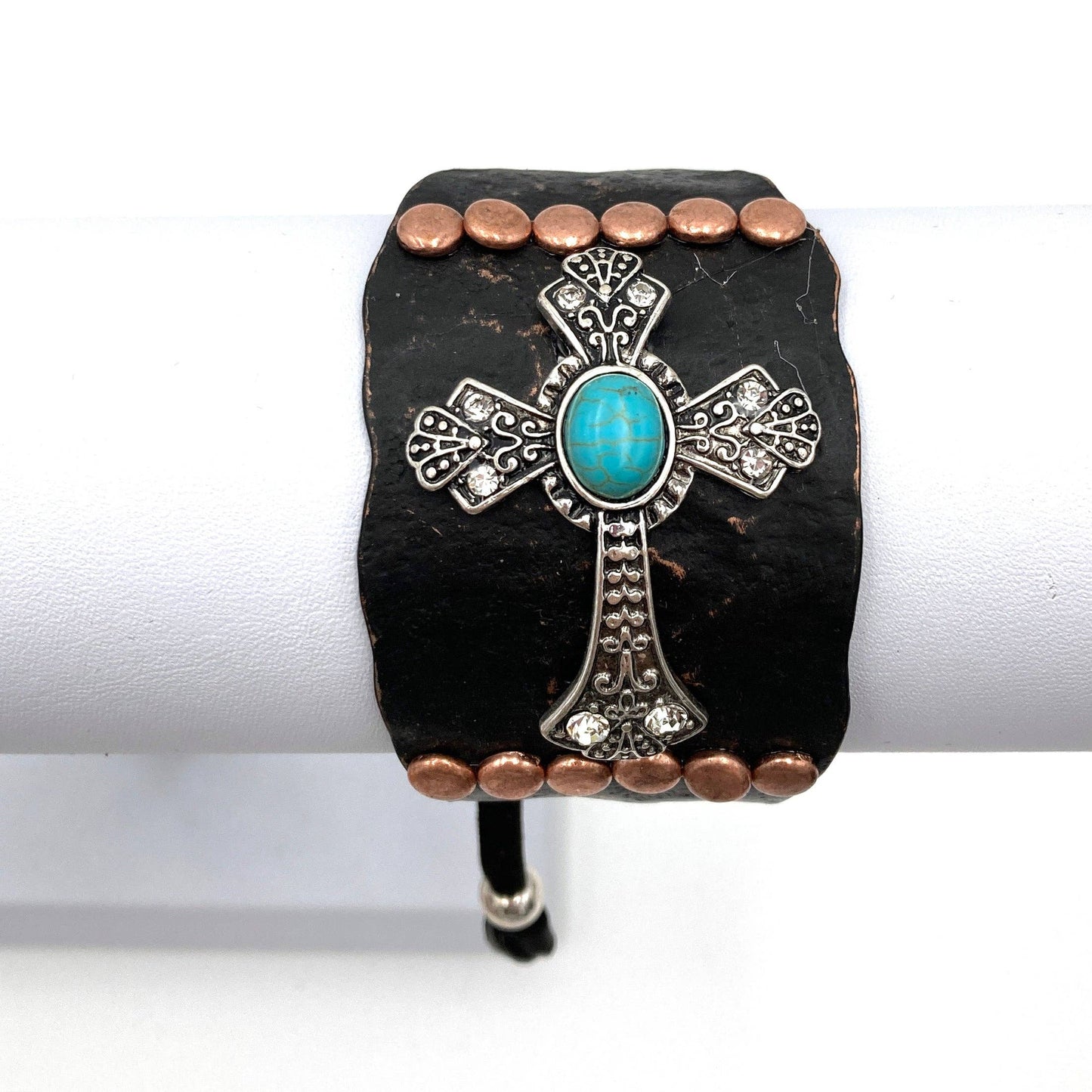 Cross Turquoise Rhinestone Beaded Western Bracelet Cuff With Adjustable Leather Straps In Patina Turquoise Blue And Dark Brown