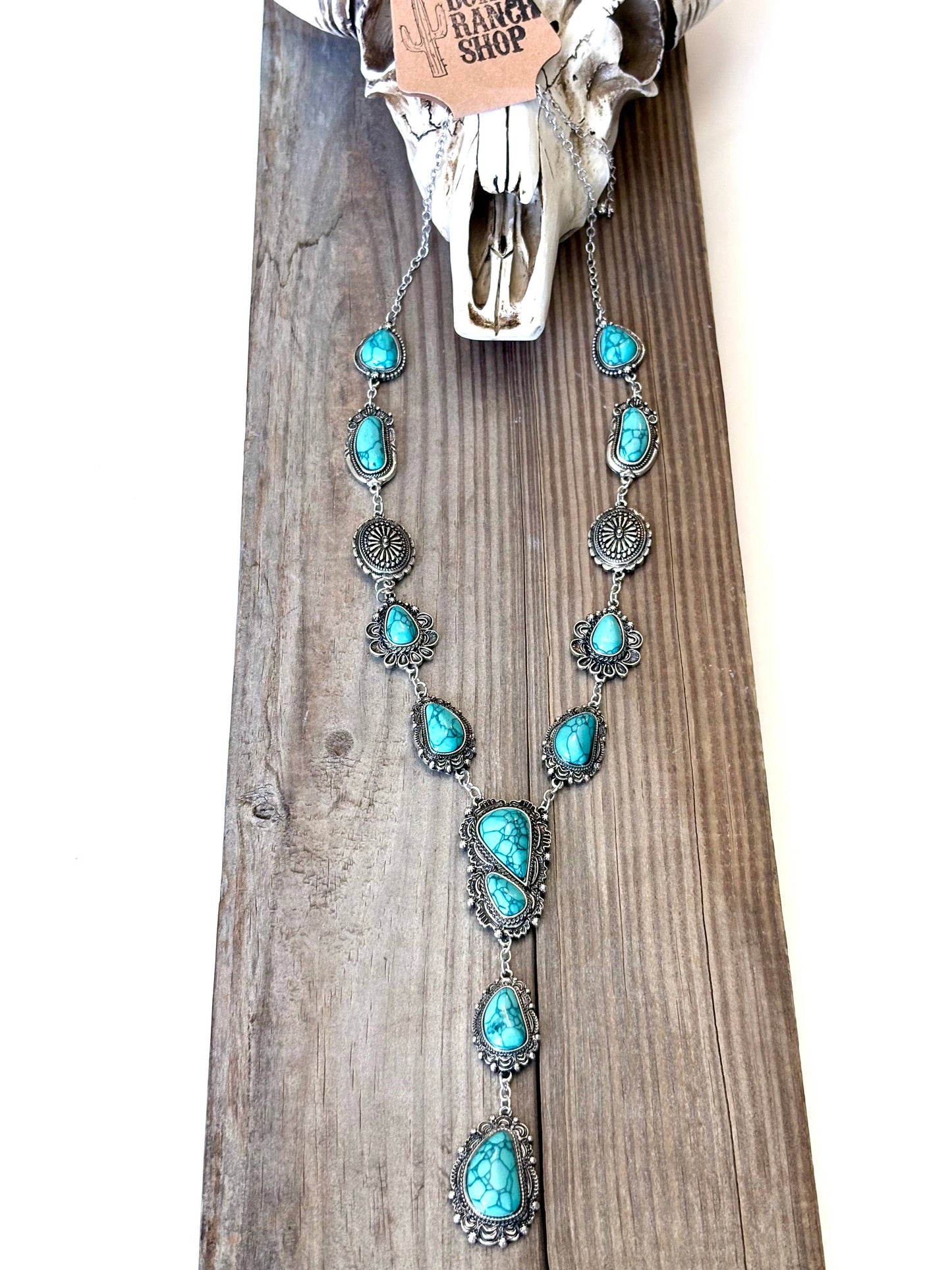 Turquoise Stone Western Concho Y Drop Necklace with Brushed Silver Accents
