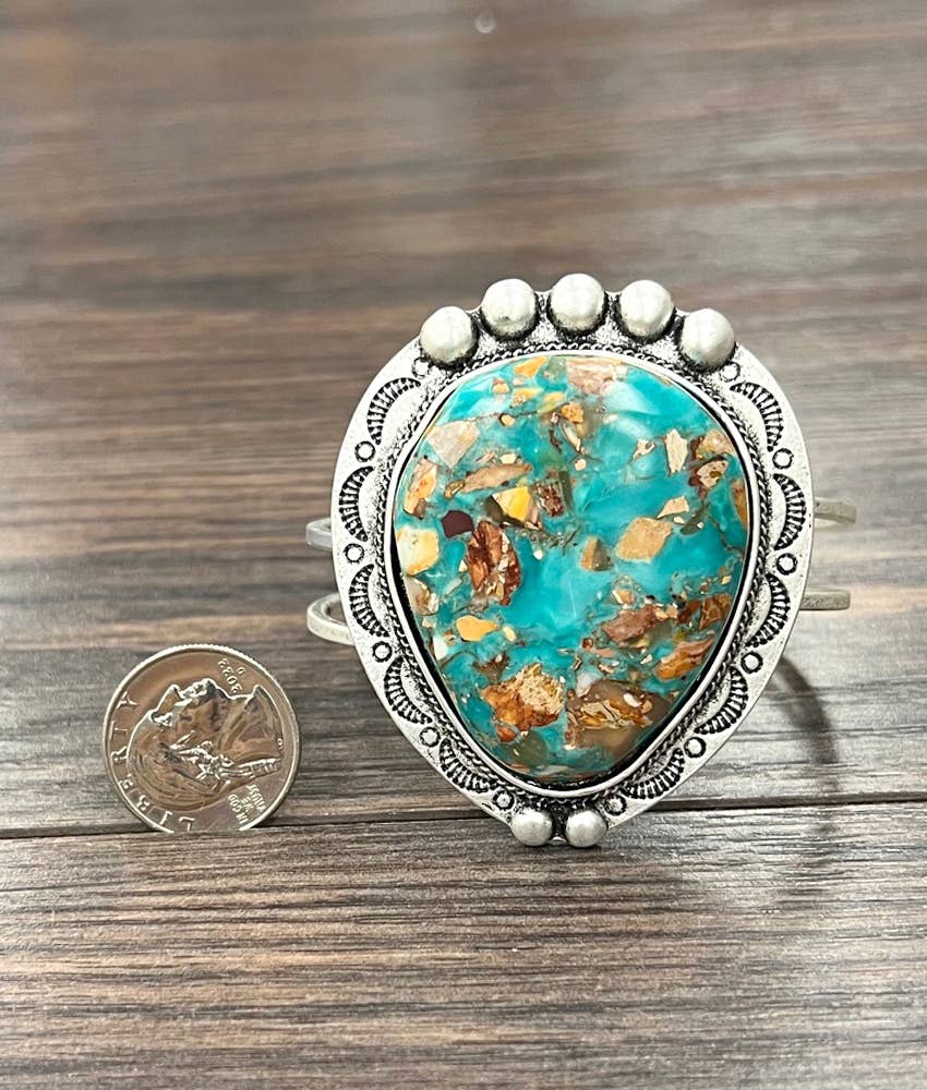 Navajo Natural Gemstone Brass Cuff Bracelet Antique Silver Plate