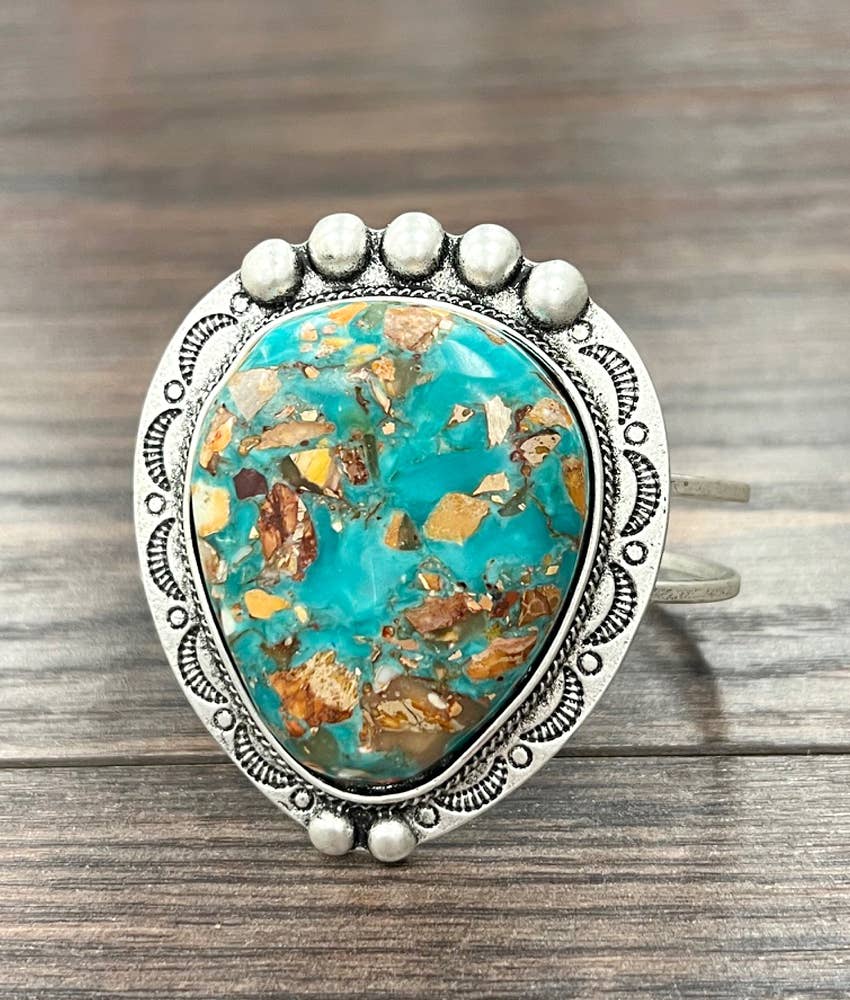 Navajo Natural Gemstone Brass Cuff Bracelet Antique Silver Plate