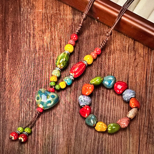 Vibrant Handmade Bohemian Wood, Leather Beaded Necklace ,Bracelet Set ,Gift Box