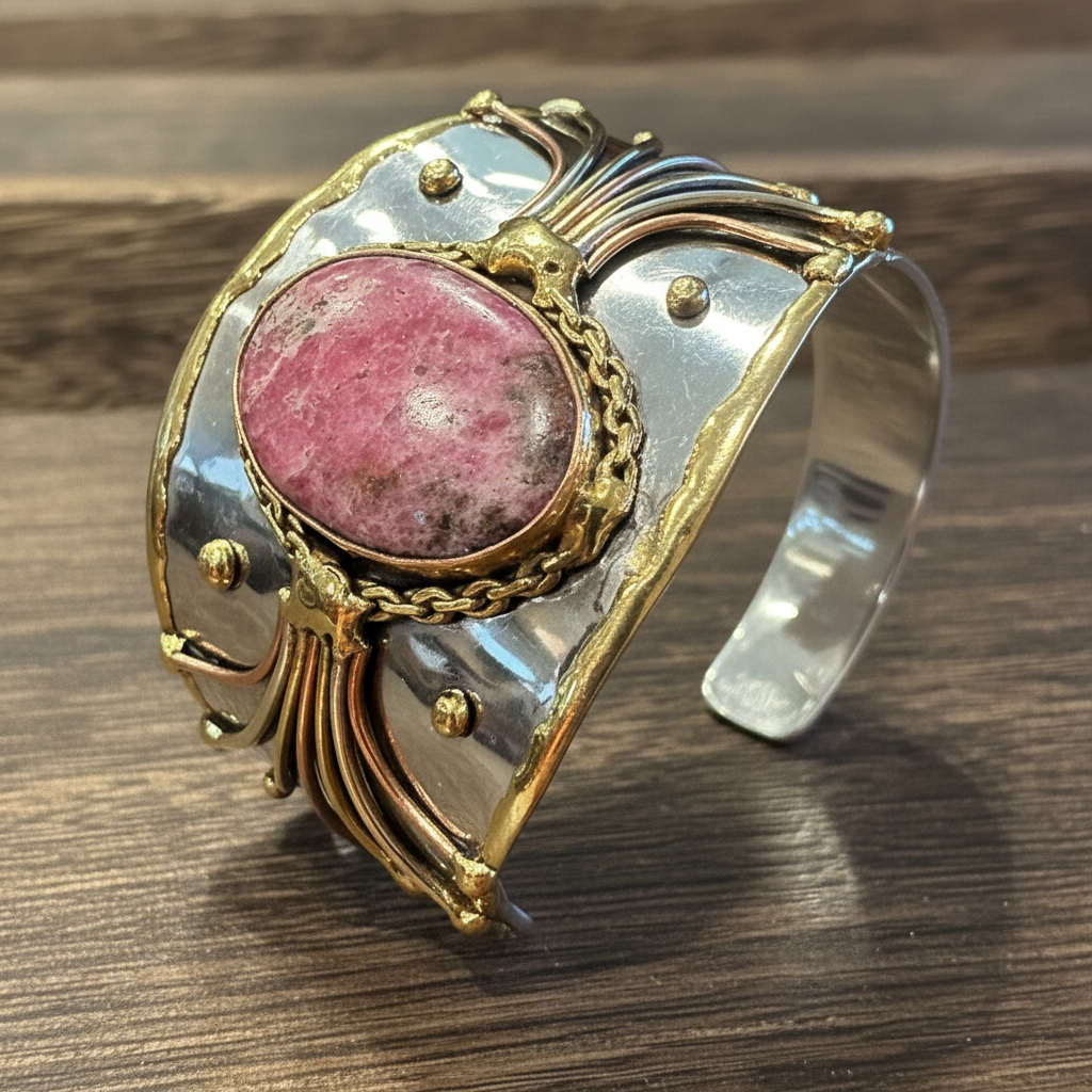 Artisan-Made 2-Inch Adjustable Cuff Bracelet with Rhodonite Pink Gemstone and Mixed Metals, Gift-Ready Box Included