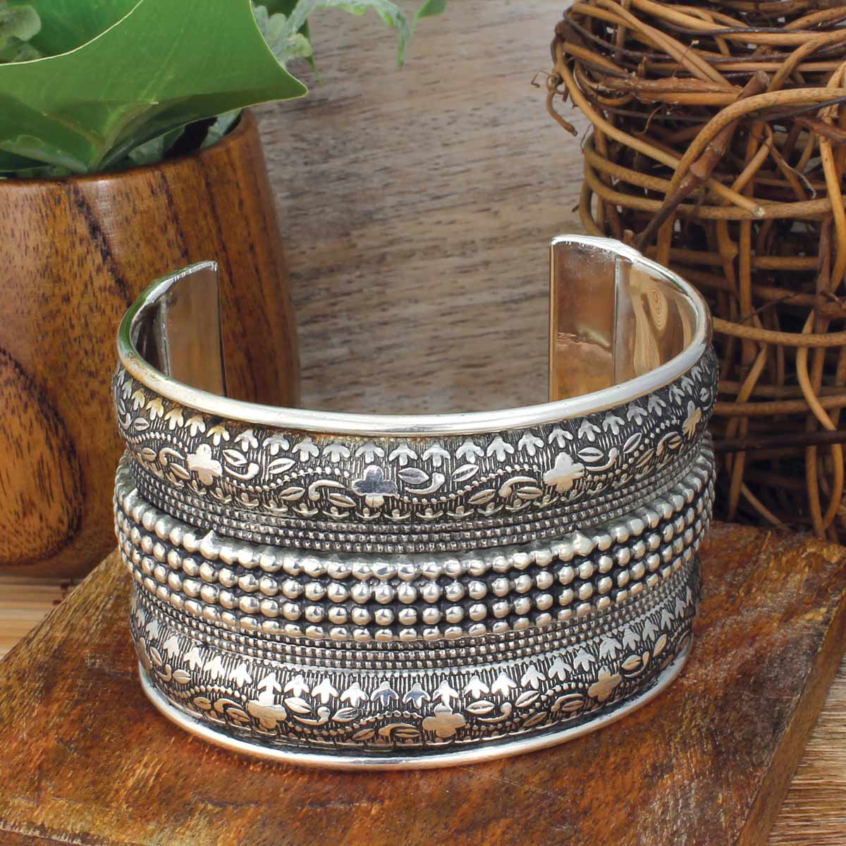 Handmade Silver Embossed Floral Cuff Bracelet Boho Gypsy Style