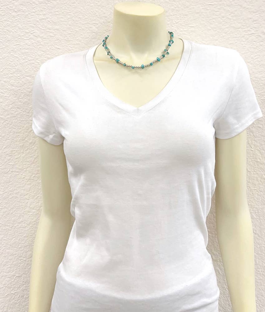 Handmade Navajo Style Turquoise Chip Necklace With Silver Tone Beads 16 To 21 Inches