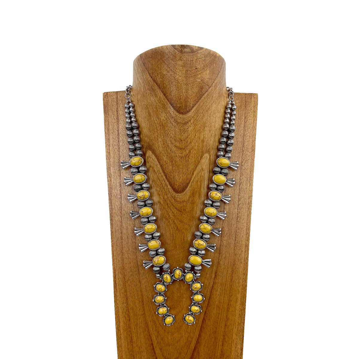 Yellow Stone Squash Blossom Western Necklace, Faux Silver Pearl Beads