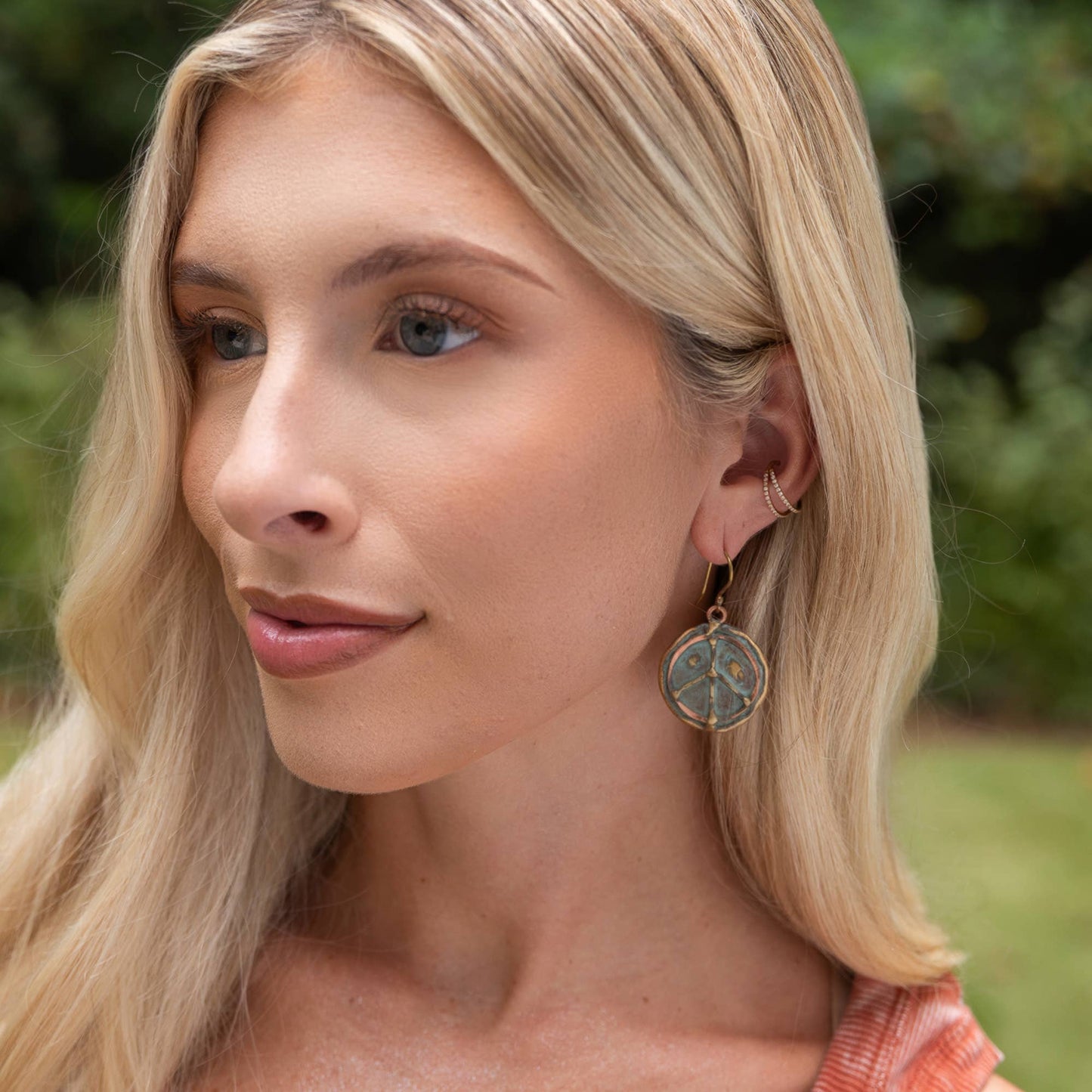 Handcrafted Verdigris Peace Sign Brass Patina Dangle Earrings