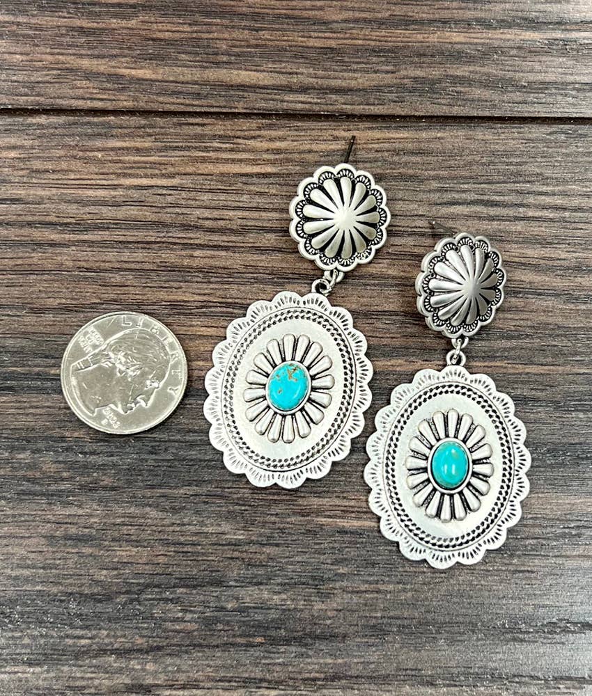 Concho Turquoise Post Earrings Brass 2.5 Inch Long