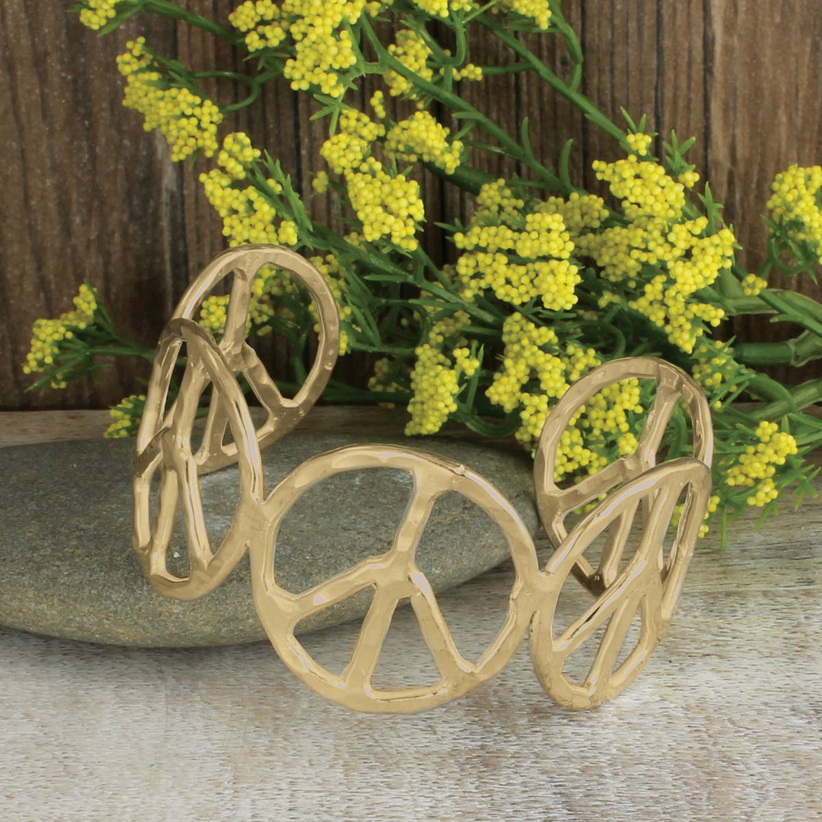 Woodstock Vibes Gold Peace Sign Hippie Bracelet Hammered Vintage Boho Cuff