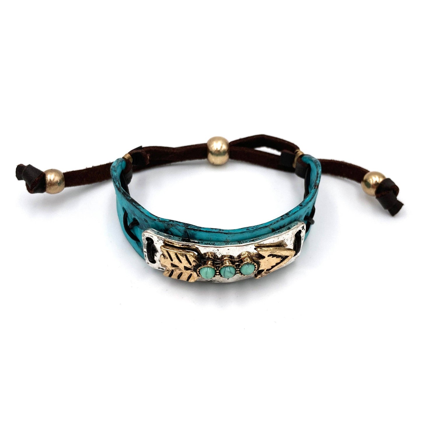 Turquoise Stone Native American Arrow Rope Western Bracelet Cuff With Gold Patina And Silver Accents
