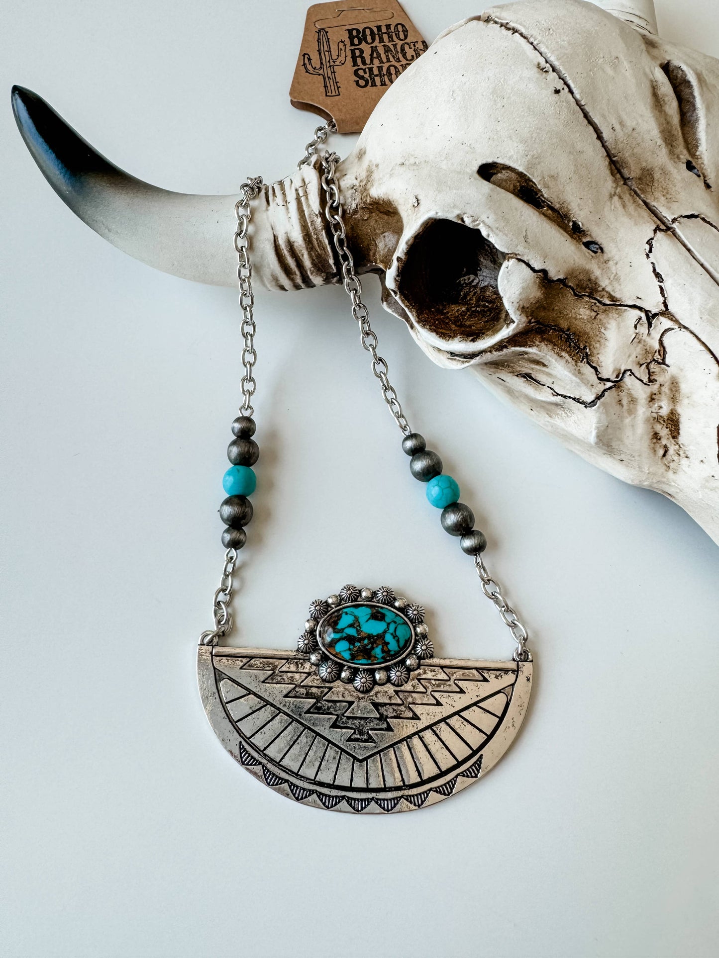 Western Aztec Style Turquoise Stone Pendant Necklace with Burnished Silver and Extension Chain