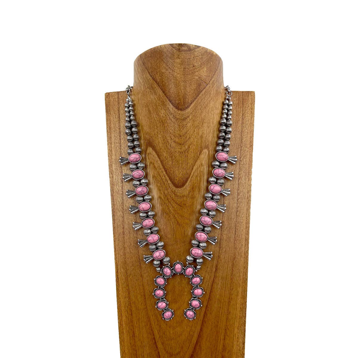 Boho Light Pink Faux Stone Squash Blossom Necklace With Vintage Charm, Silver Tone