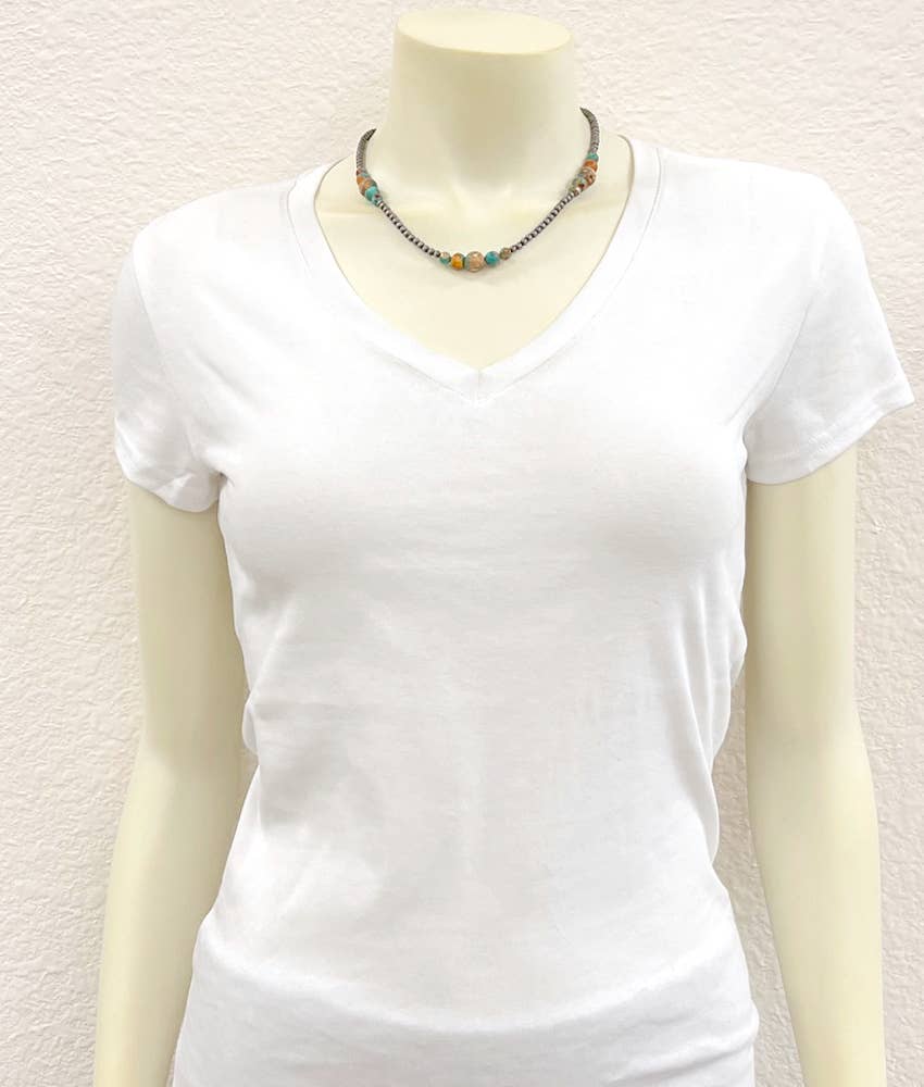 Handmade Navajo Clustered NaturalGemstone Faux Silver Pearl Necklace