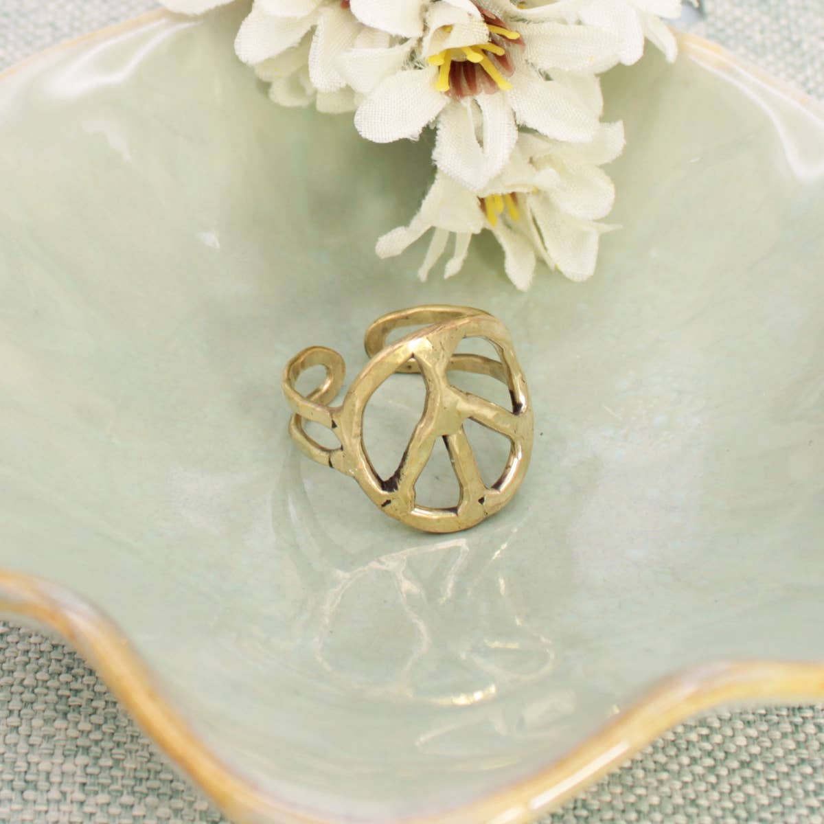 Gold Hammered Peace Sign Hippie Ring Boho Vintage Style Adjustable