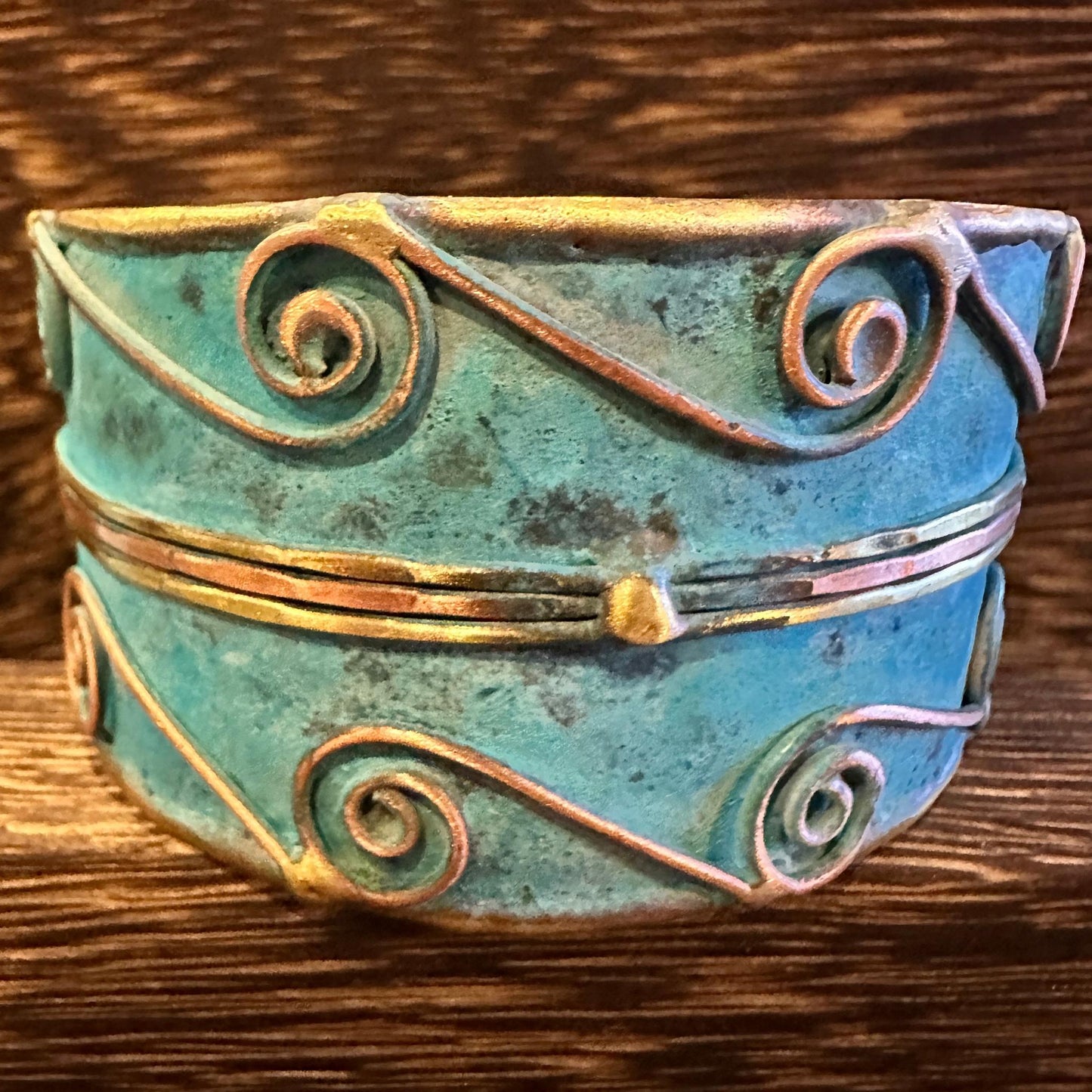Aqua Patina Swirl Adjustable Cuff Bracelet Handcrafted 2 Inch Wide Brass Gift Boxed