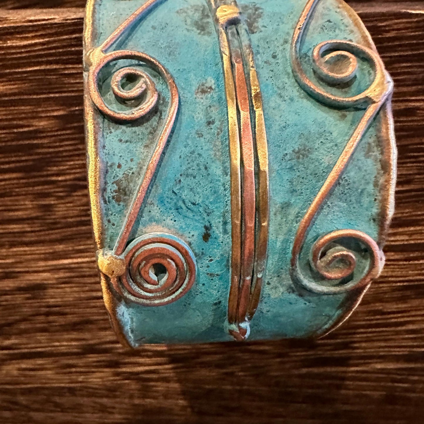 Aqua Patina Swirl Adjustable Cuff Bracelet Handcrafted 2 Inch Wide Brass Gift Boxed