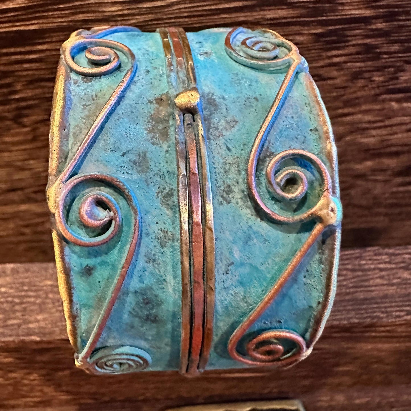 Aqua Patina Swirl Adjustable Cuff Bracelet Handcrafted 2 Inch Wide Brass Gift Boxed