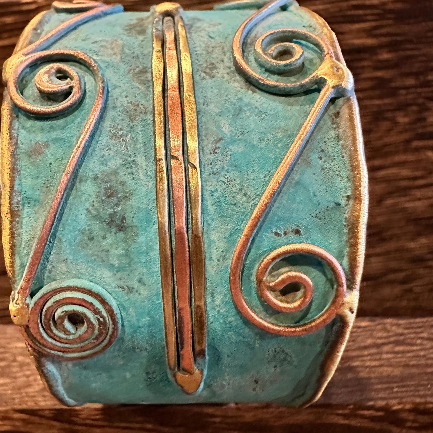 Aqua Patina Swirl Adjustable Cuff Bracelet Handcrafted 2 Inch Wide Brass Gift Boxed