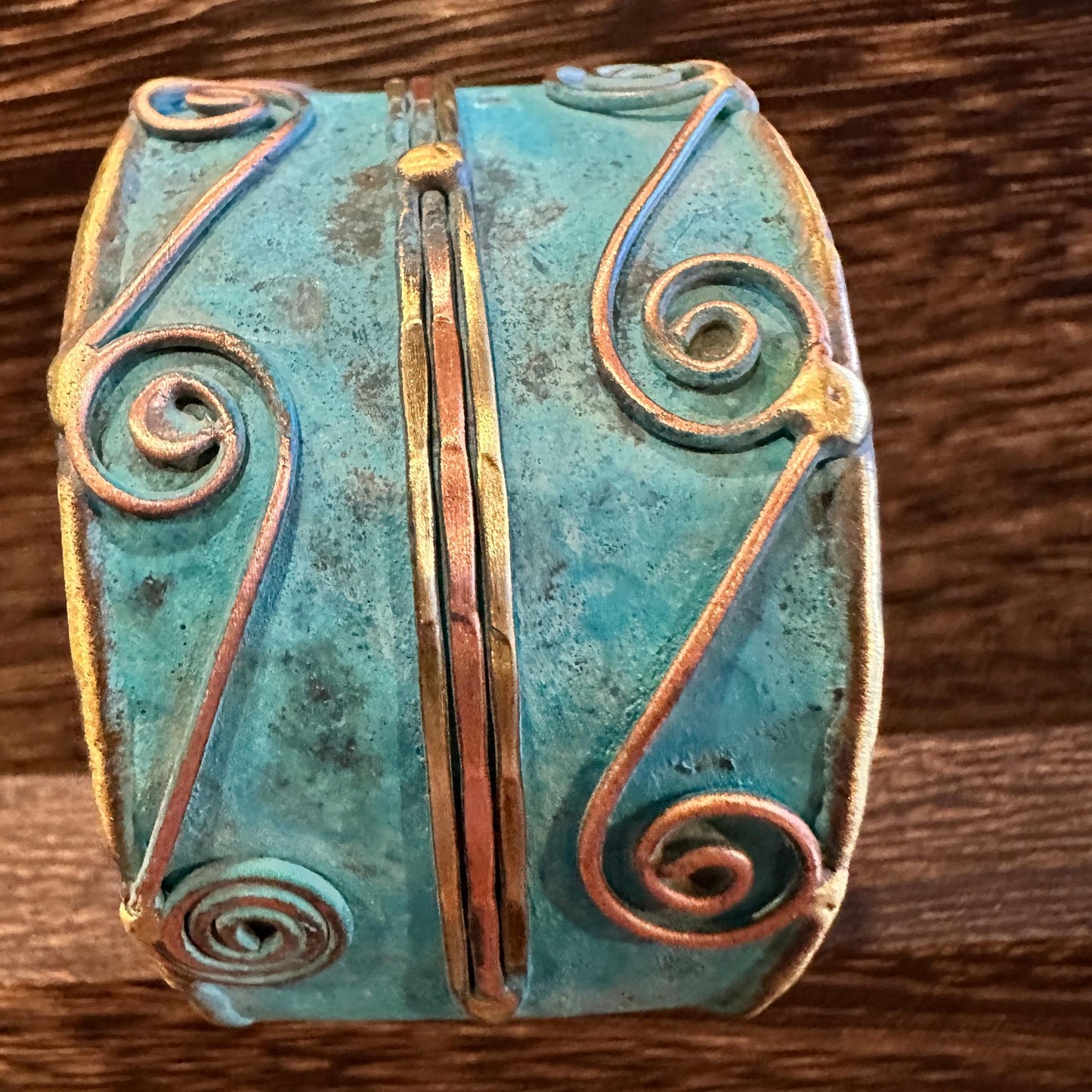 Aqua Patina Swirl Adjustable Cuff Bracelet Handcrafted 2 Inch Wide Brass Gift Boxed