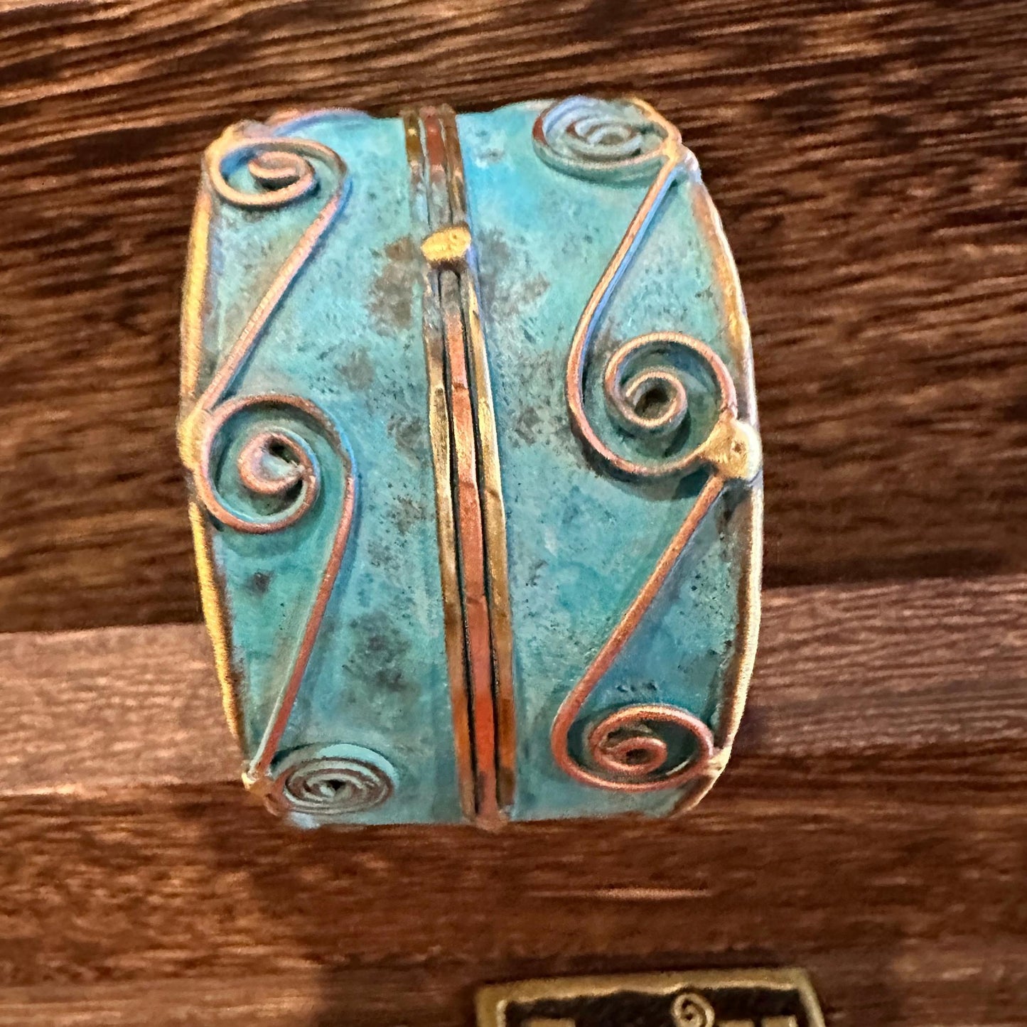 Aqua Patina Swirl Adjustable Cuff Bracelet Handcrafted 2 Inch Wide Brass Gift Boxed