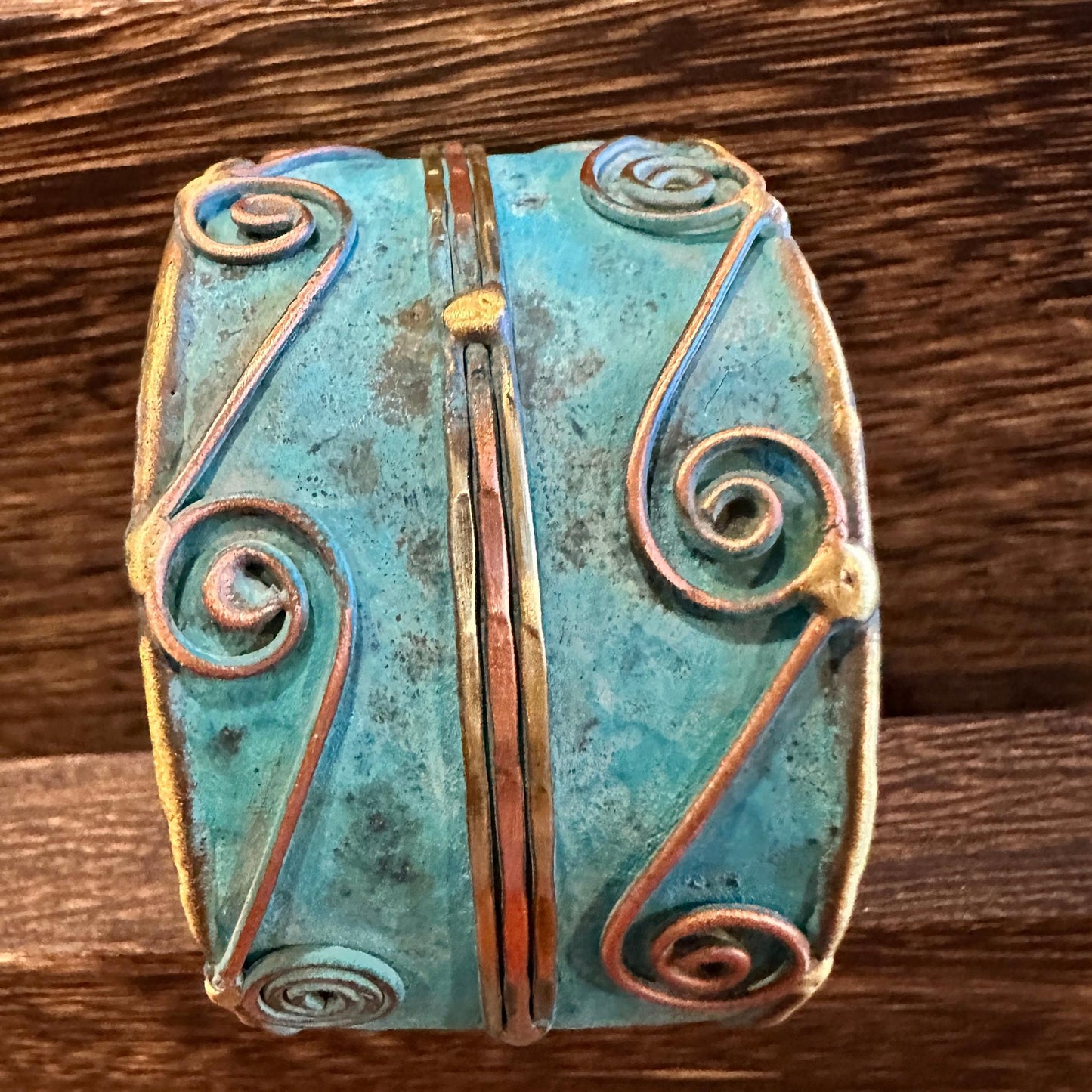 Aqua Patina Swirl Adjustable Cuff Bracelet Handcrafted 2 Inch Wide Brass Gift Boxed