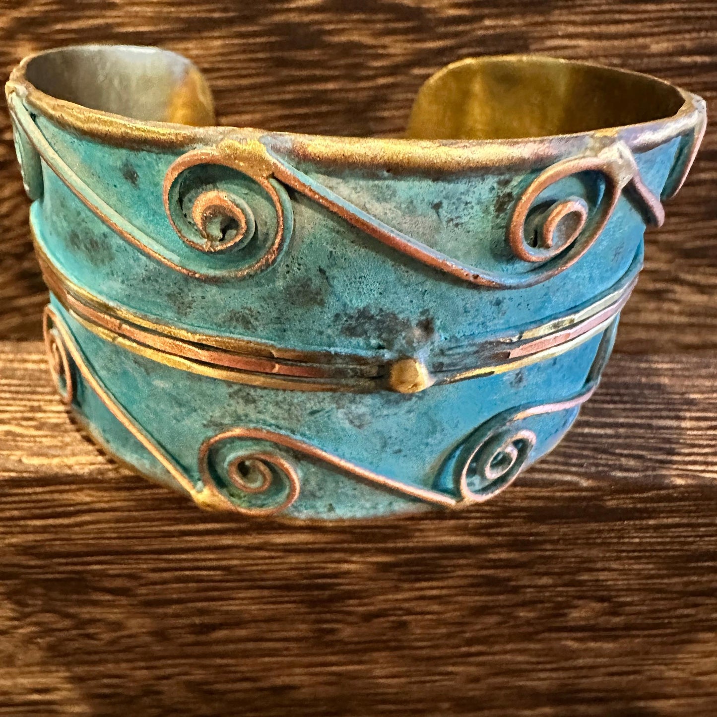Aqua Patina Swirl Adjustable Cuff Bracelet Handcrafted 2 Inch Wide Brass Gift Boxed