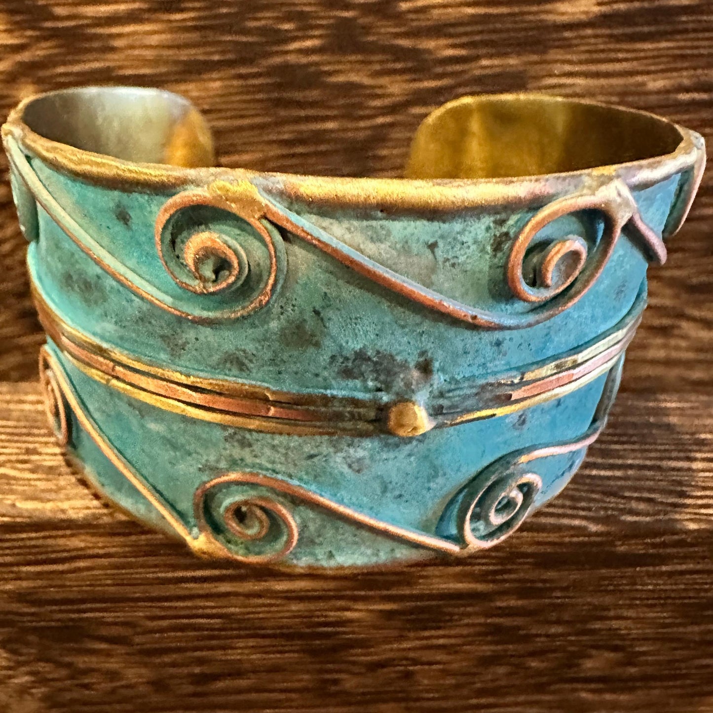 Aqua Patina Swirl Adjustable Cuff Bracelet Handcrafted 2 Inch Wide Brass Gift Boxed