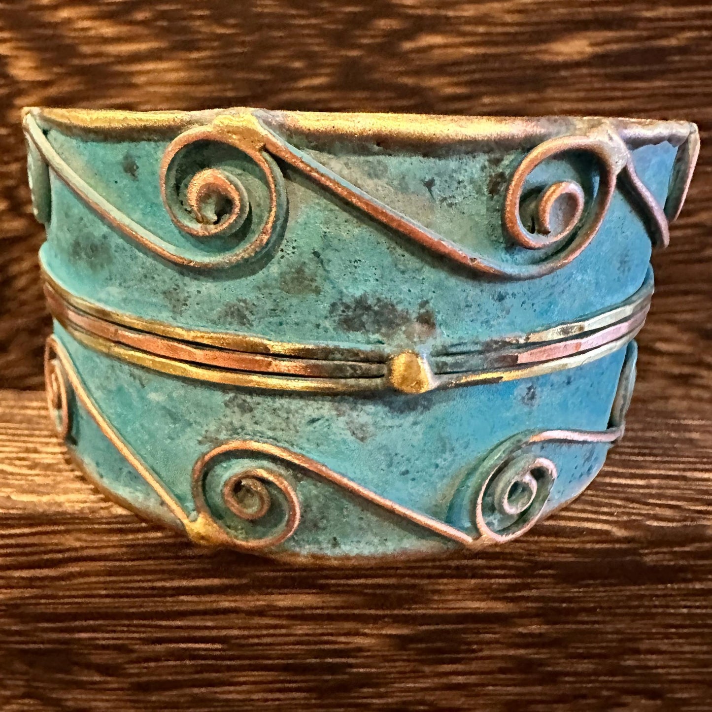 Aqua Patina Swirl Adjustable Cuff Bracelet Handcrafted 2 Inch Wide Brass Gift Boxed