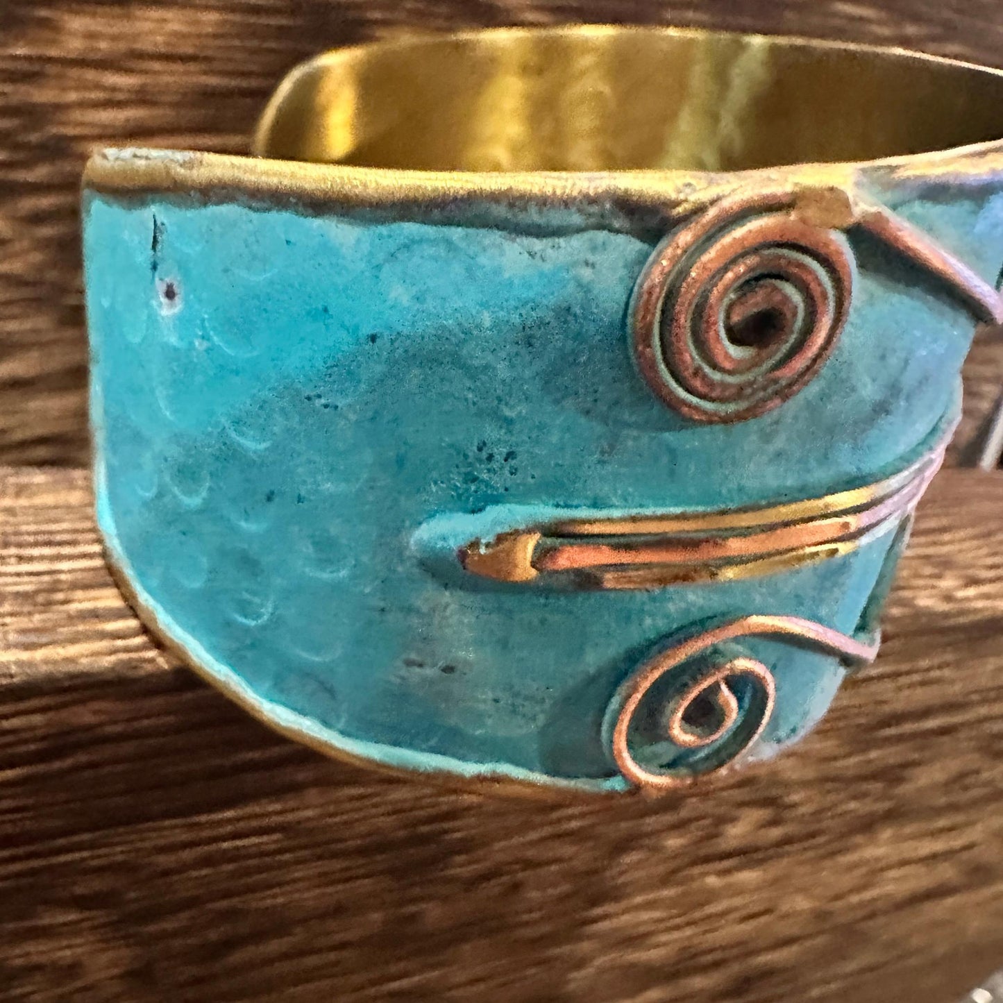 Aqua Patina Swirl Adjustable Cuff Bracelet Handcrafted 2 Inch Wide Brass Gift Boxed