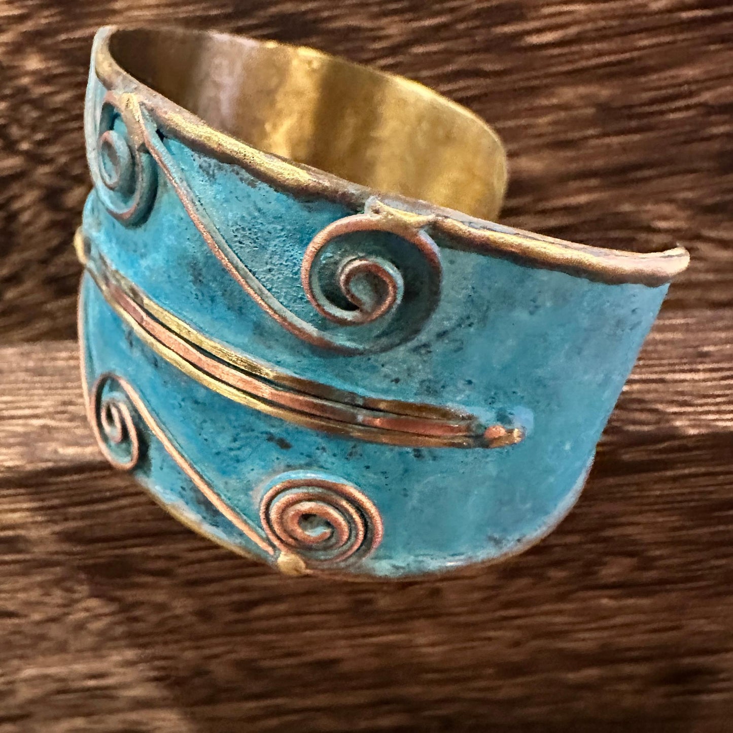 Aqua Patina Swirl Adjustable Cuff Bracelet Handcrafted 2 Inch Wide Brass Gift Boxed