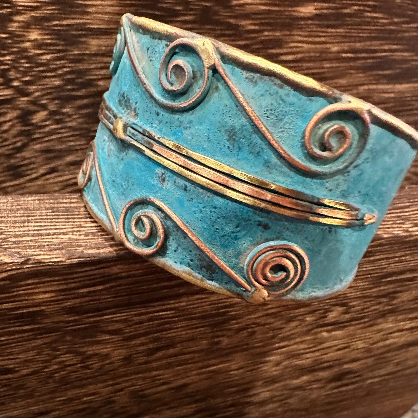 Aqua Patina Swirl Adjustable Cuff Bracelet Handcrafted 2 Inch Wide Brass Gift Boxed