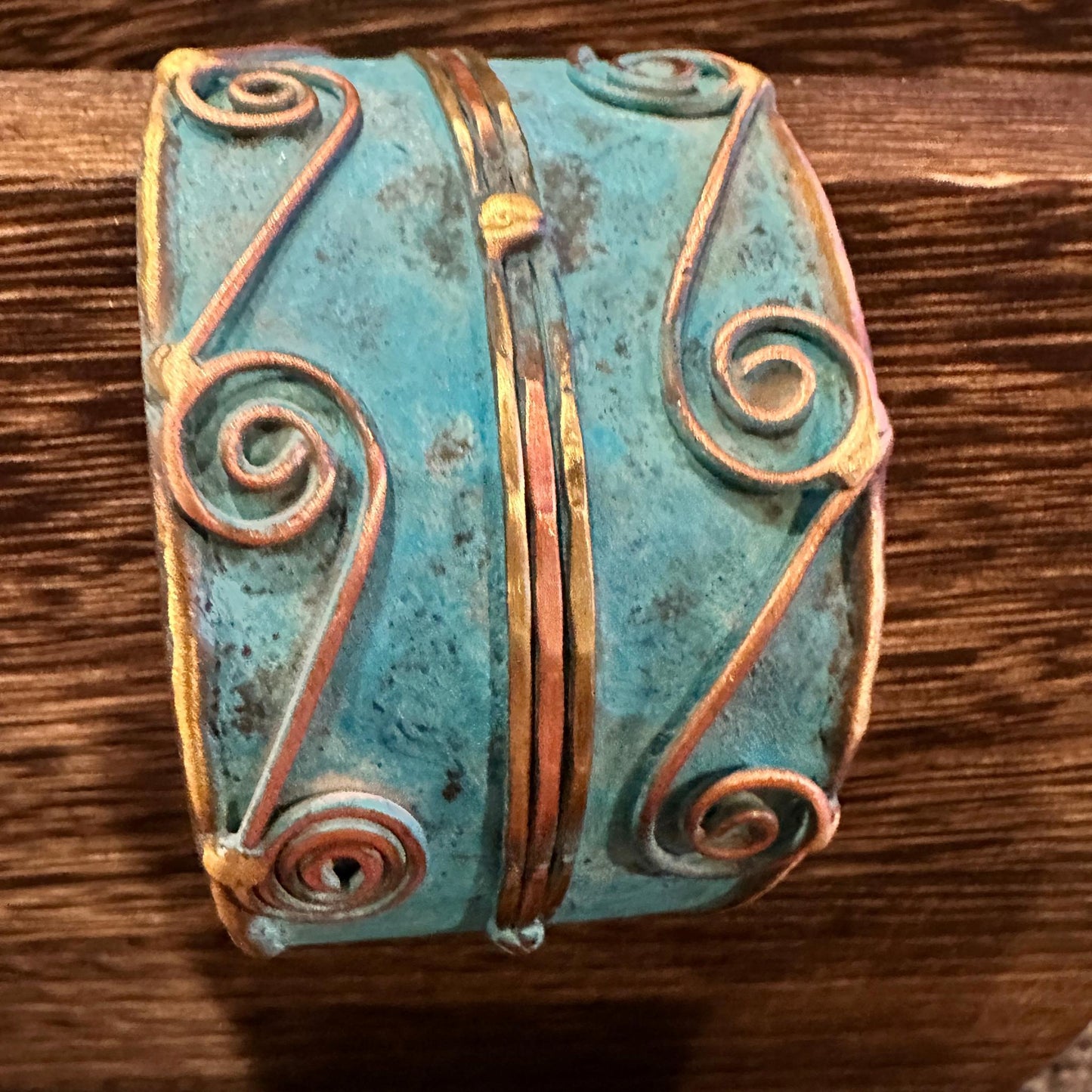 Aqua Patina Swirl Adjustable Cuff Bracelet Handcrafted 2 Inch Wide Brass Gift Boxed