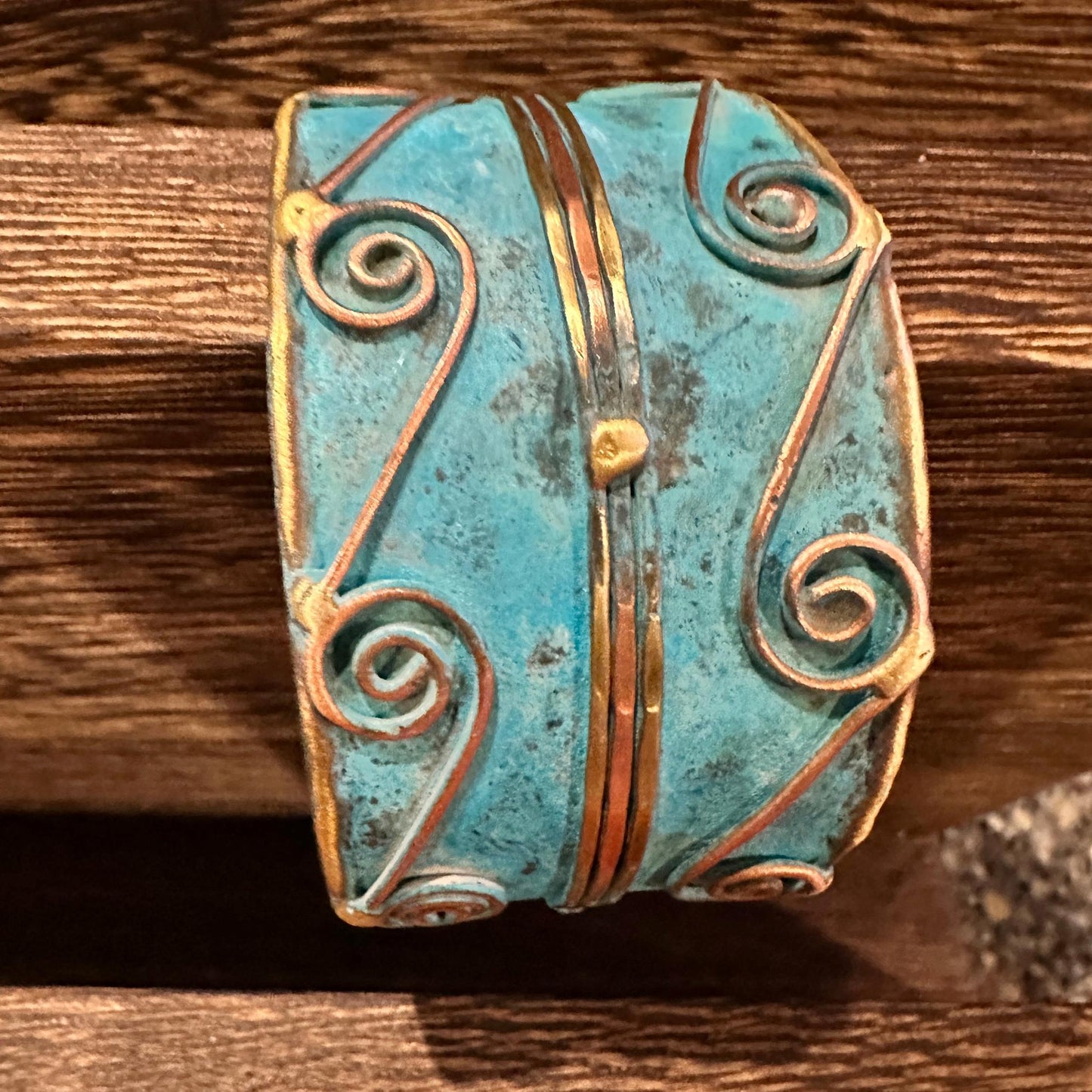 Aqua Patina Swirl Adjustable Cuff Bracelet Handcrafted 2 Inch Wide Brass Gift Boxed