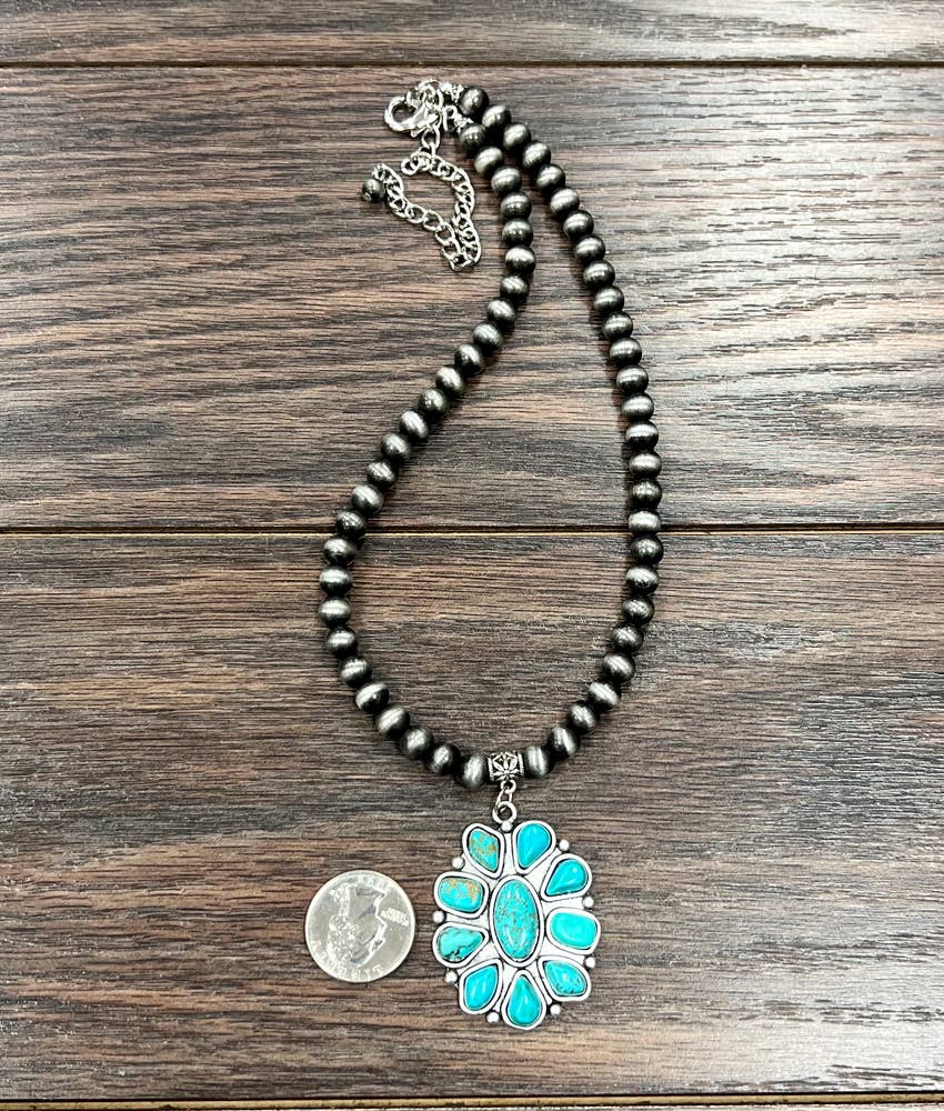 Handmade Navajo Style Turquoise Cluster Pendant 8mm Bead Necklace
