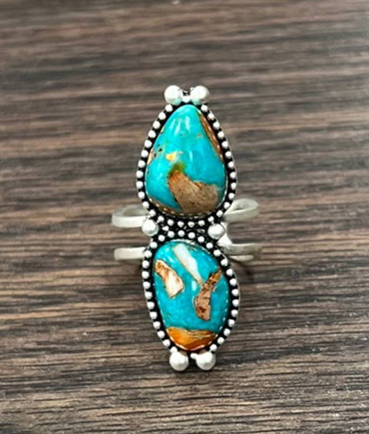 Southwestern Gemstone Adjustable Ring with Brass Dual Band, Statement Cuff Ring