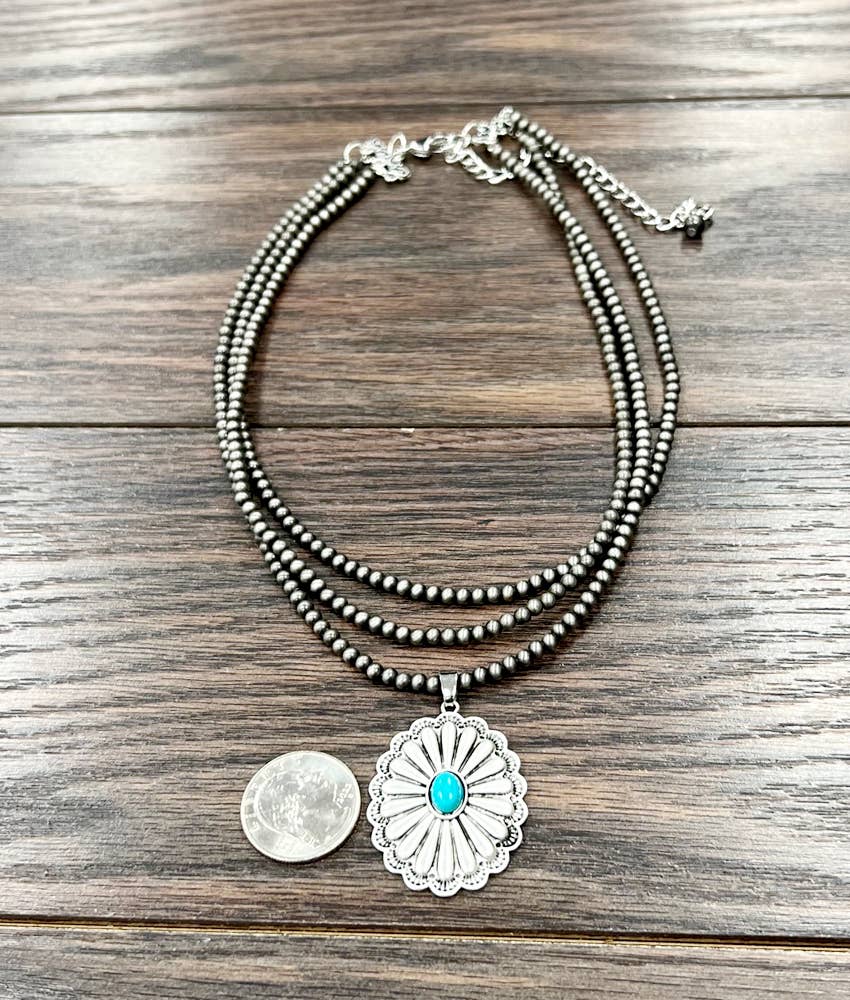 Handmade 3 Strand Navajo Bead Necklace Turquoise Concho