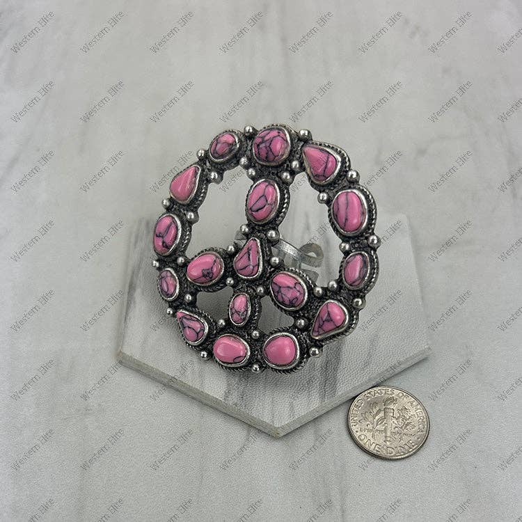 Handcrafted Hot Pink Turquoise Stone Peace Sign Ring In Silver Metal, Adjustable