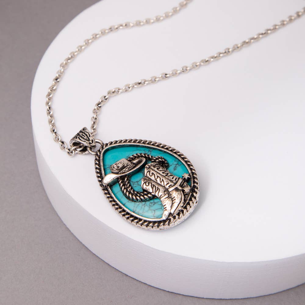 SouthWestern Turquoise Hat and Boot Teardrop Pendant Necklace
