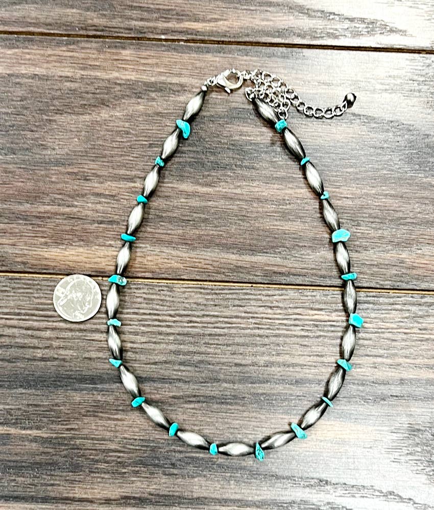 Handmade Navajo Style Turquoise Necklace Elongated Bead 18 To 23 Inch Extender Stone