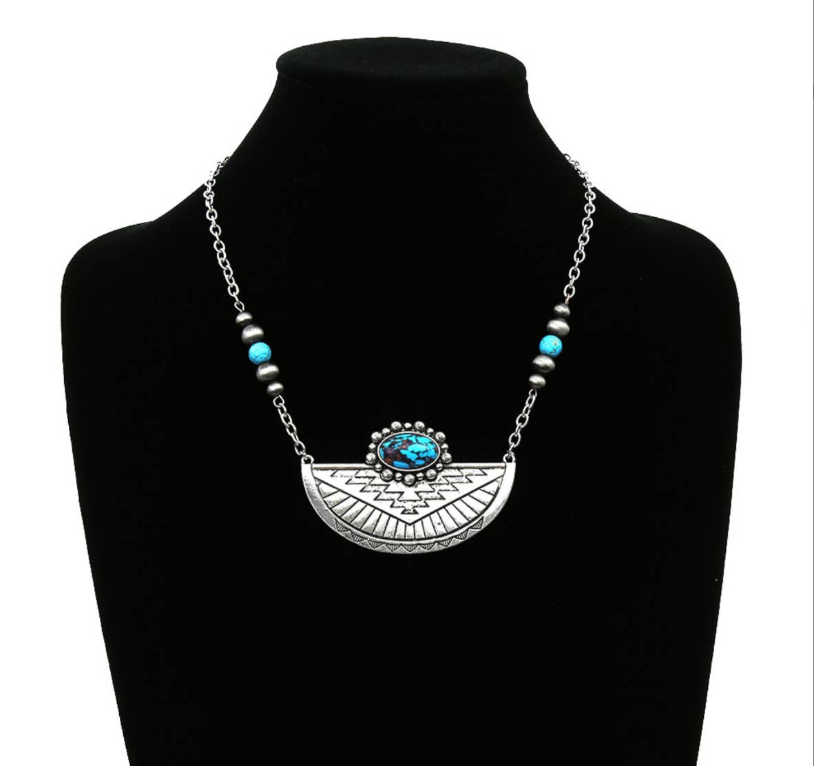 Western Aztec Style Turquoise Stone Pendant Necklace with Burnished Silver and Extension Chain