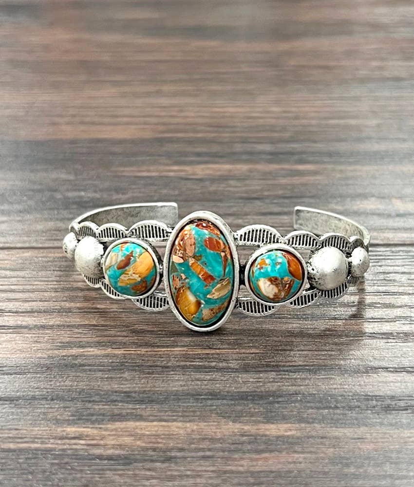 Navajo Natural Gemstone Cuff Bracelet Antique Silver Plate Vintage