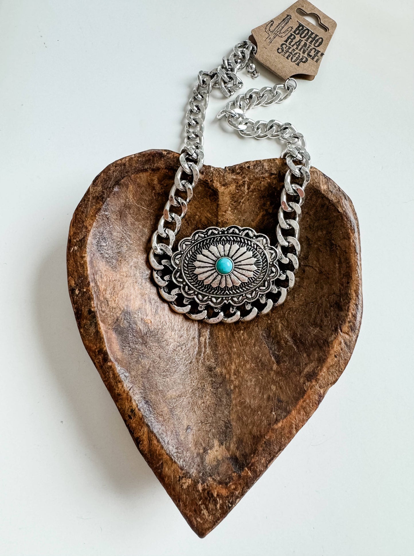 Western Concho Chain Necklace with Extender and Pendant