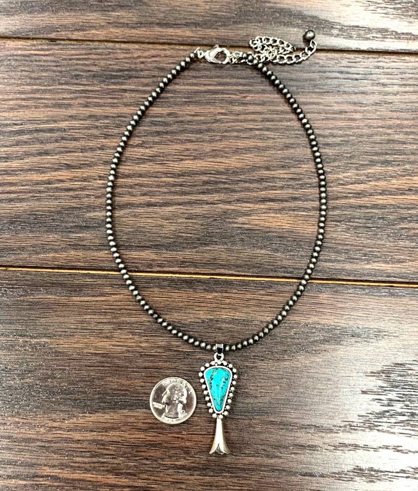 Handmade Squash Blossom Turquoise 4mm Necklace With Navajo Style Bead Pendant
