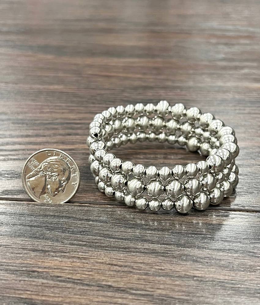 Handmade Faux Silver Navajo Bead Pearls Wrap Bracelet, Memory Wire