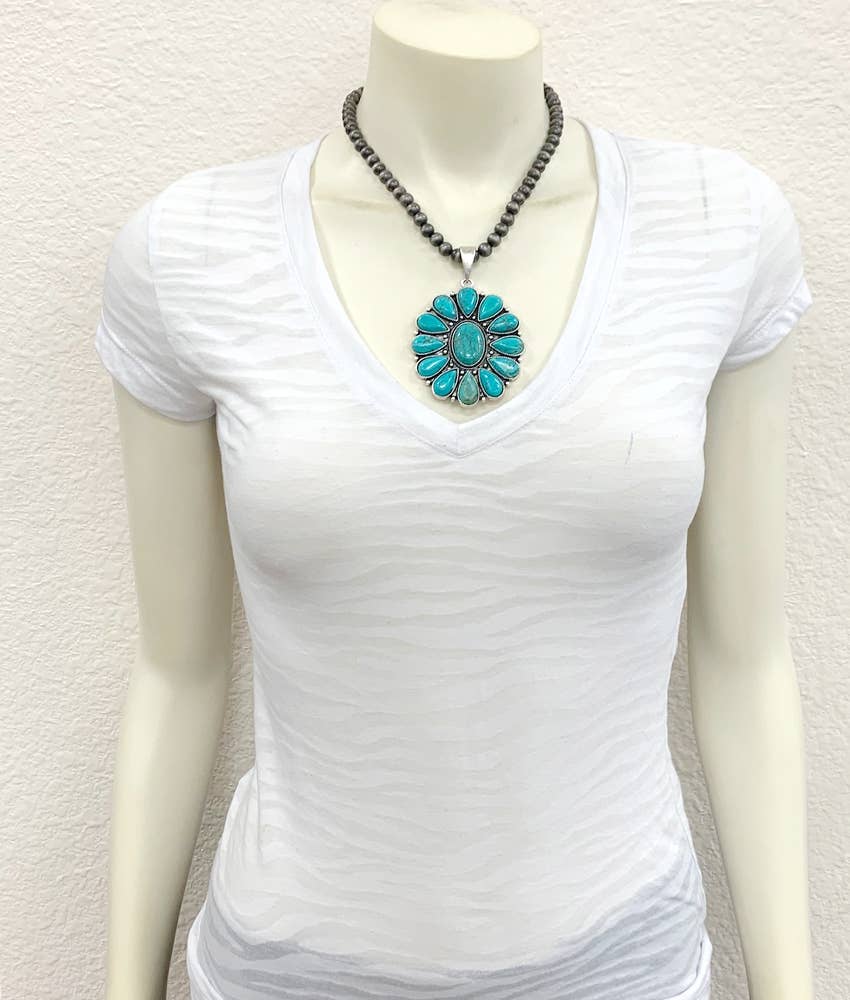 Handmade Navajo Natural Turquoise Faux Silver Pearls Necklace With Pendant