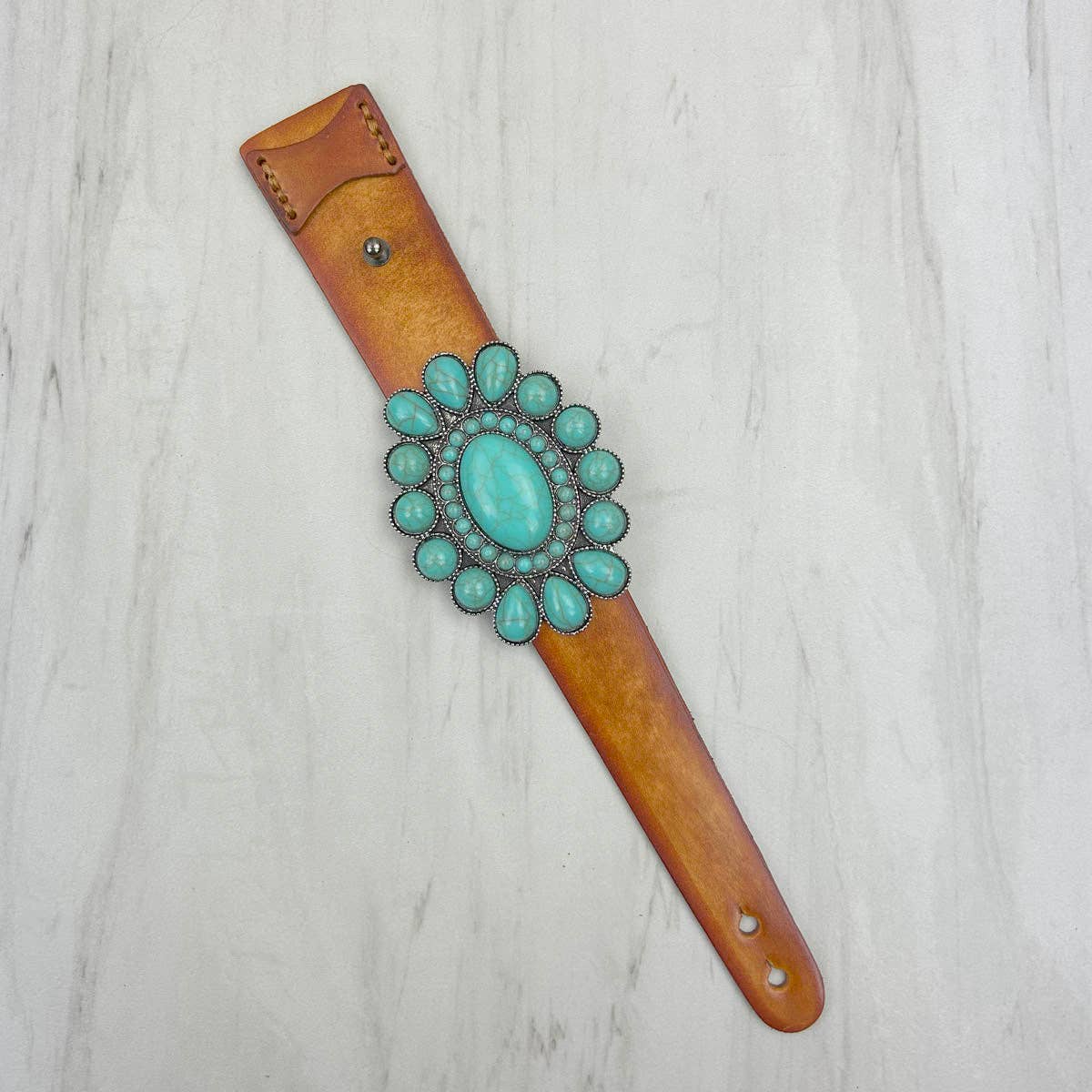 Brown Leather Oval Blue Turquoise Stone Concho Bracelet With Large Stone Western Jewelry